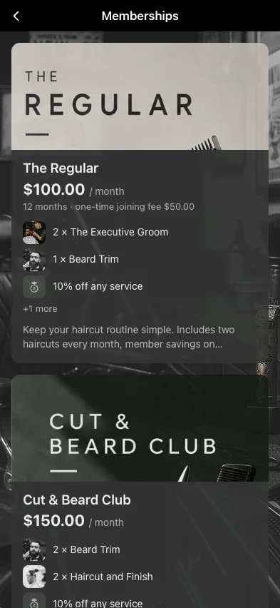 Formules d'abonnement dans l'application d'un barbershop